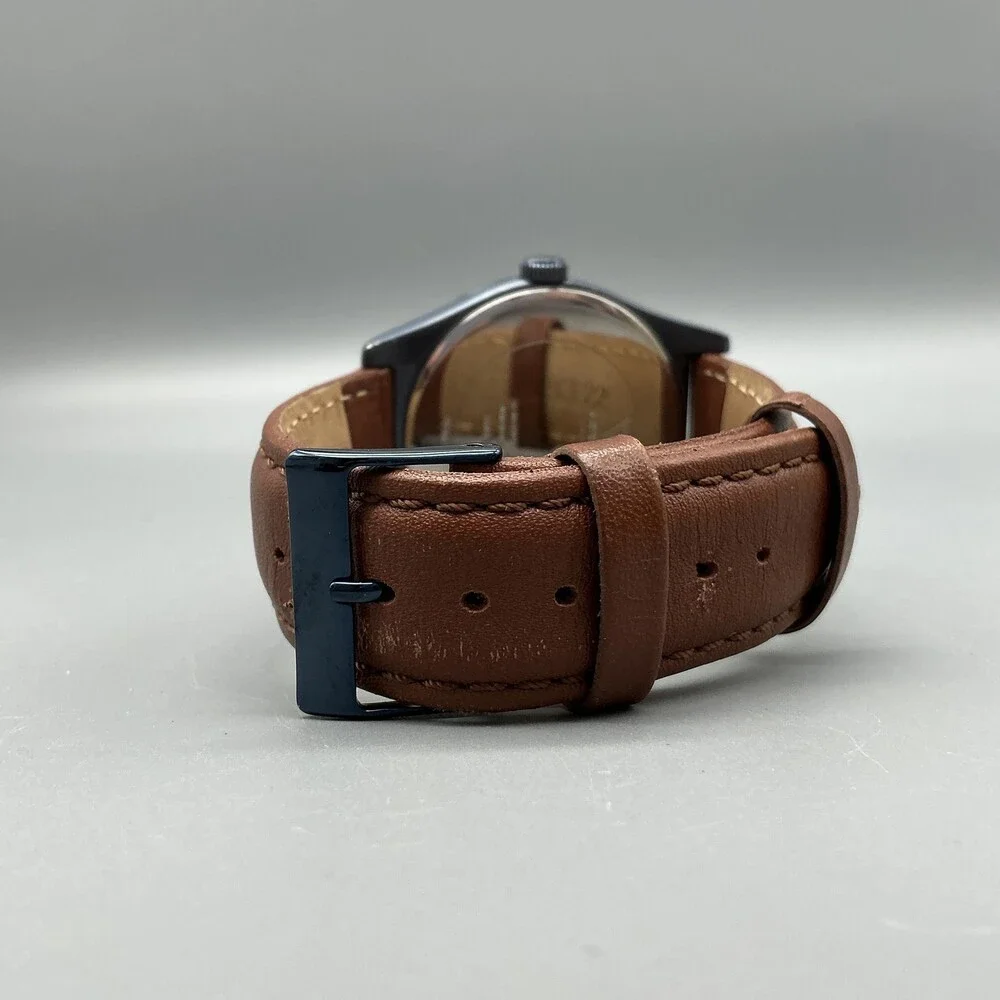 Guess Steel U0874G4 Mens Watch 40mm Blue Dial Brown Leather Date New Battery